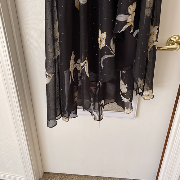White House Black Market asymmetrical dress with gold colored flowers, size 0. - Picture 4 of 5